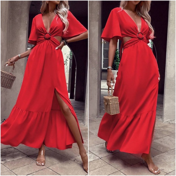 Plunging Bright Green Neck cut out butterfly Sleeve Maxi Dress - Picture 3 of 9